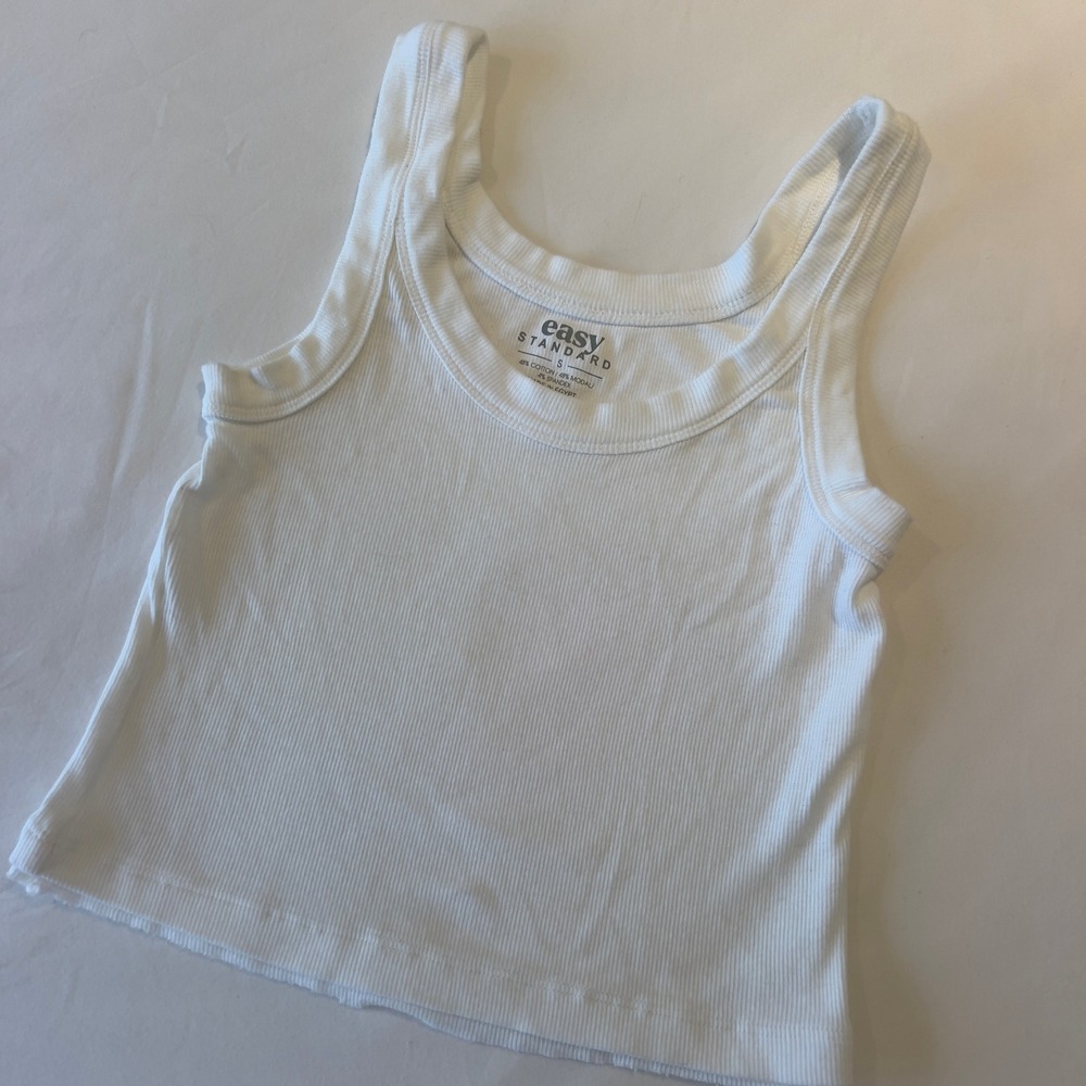 Easy Standard White Ribbed Tank Top Cotton Modal Blend Scoop Neck Size S